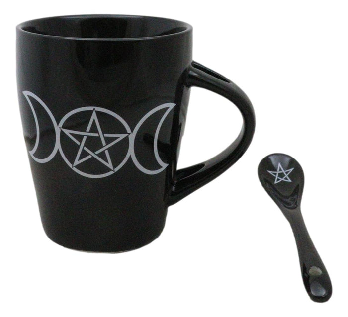 Wicca Sacred Triple Moon Pentagram Circle Ceramic Mug And Pentacle Spoon Set