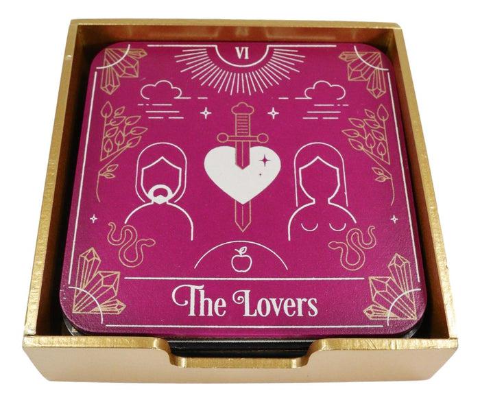Wicca Tarot Card MDF Wood Coaster Set Of 4 Tiles With Cork Backing And Holder