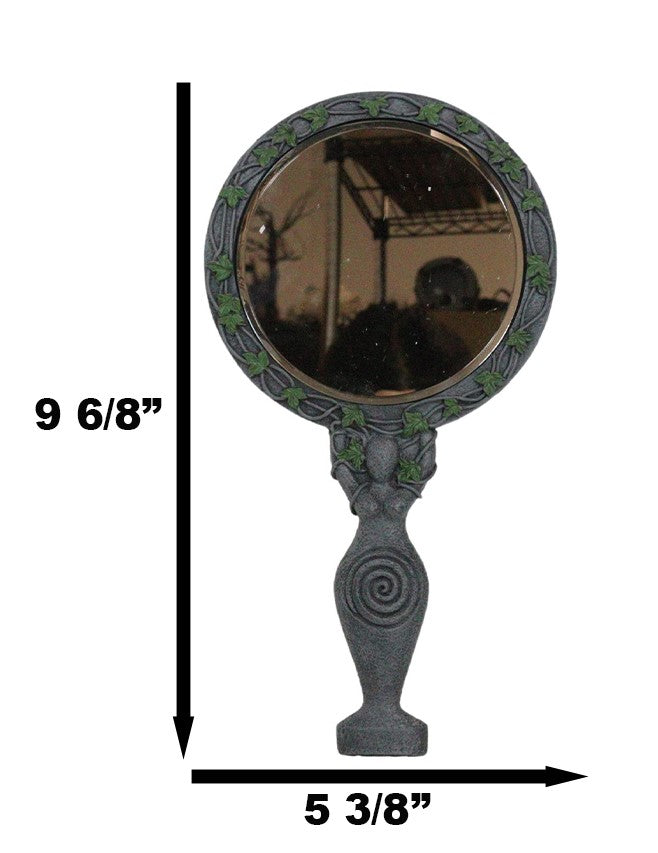 Wicca Triple Moon Spiral Goddess With Magical Ivy Leaves Sculptural Hand Mirror