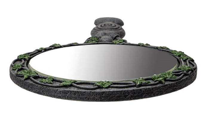 Wicca Triple Moon Spiral Goddess With Magical Ivy Leaves Sculptural Hand Mirror