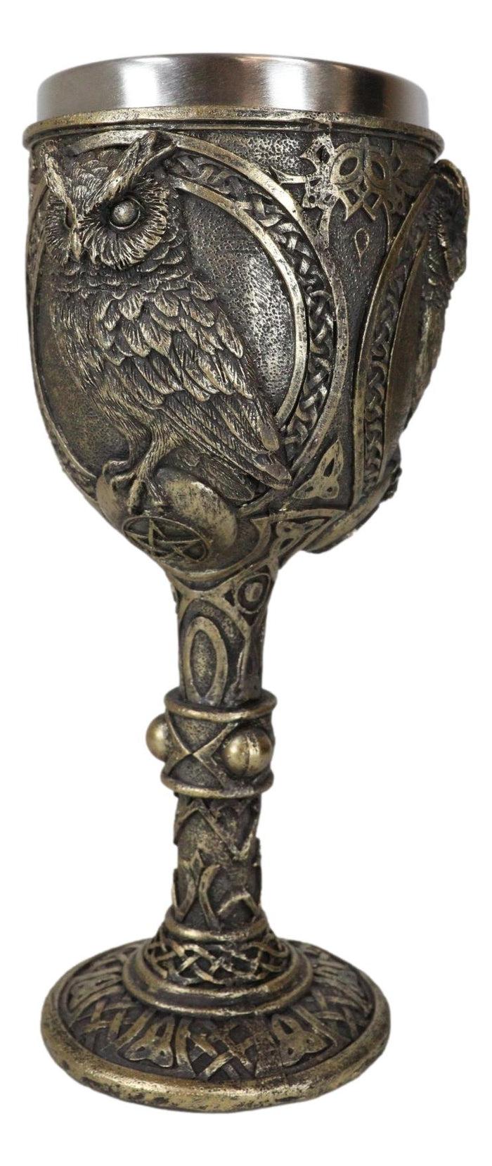 Wicca Wisdom Of The Woods Great Horned Owl Perching On Pentagram Wine Goblet