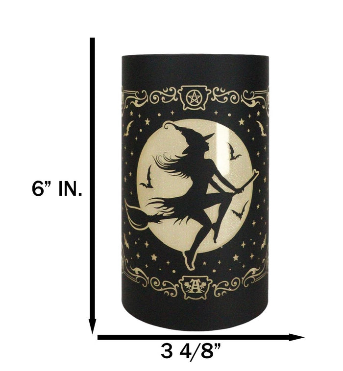 Wicca Witch By Moonlight On Broomstick With Bats LED Etched Glass Lantern Light