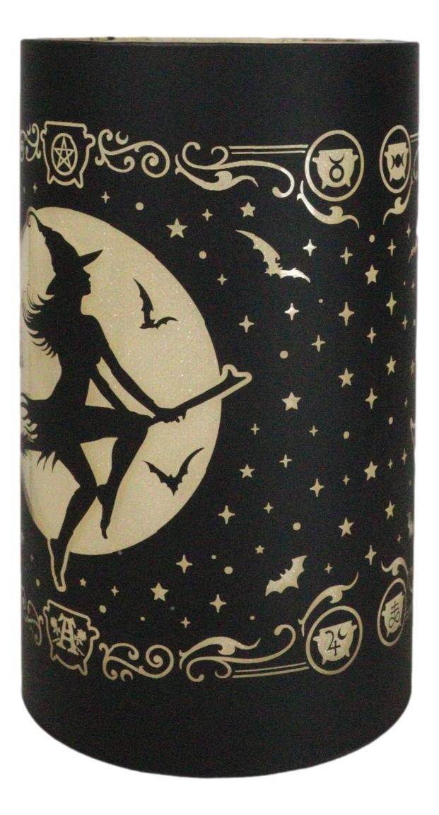 Wicca Witch By Moonlight On Broomstick With Bats LED Etched Glass Lantern Light