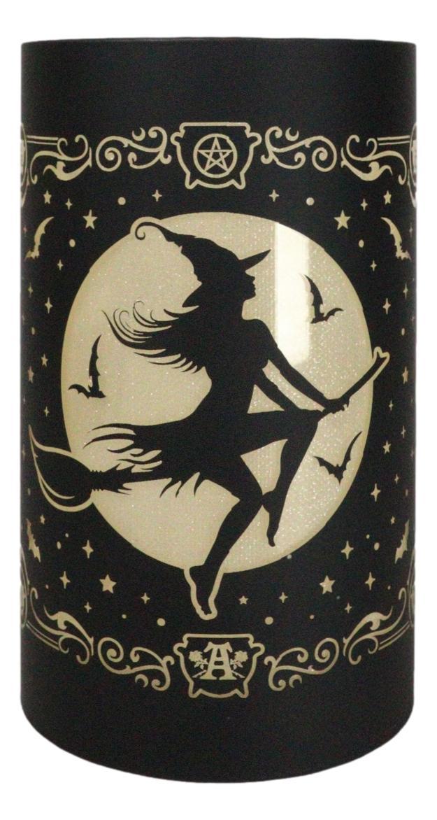 Wicca Witch By Moonlight On Broomstick With Bats LED Etched Glass Lantern Light