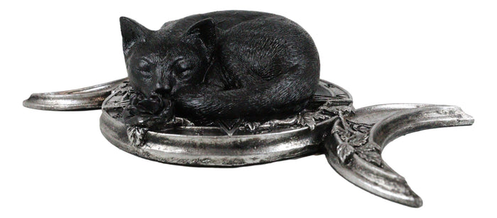 Wicca Witchcraft Triple Moon Insignia With Sleeping Black Cat And Rose Figurine