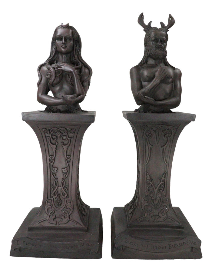 Wiccan Deity Horned God And Crescent Celestial Moon Goddess Herm Bust Sculpture