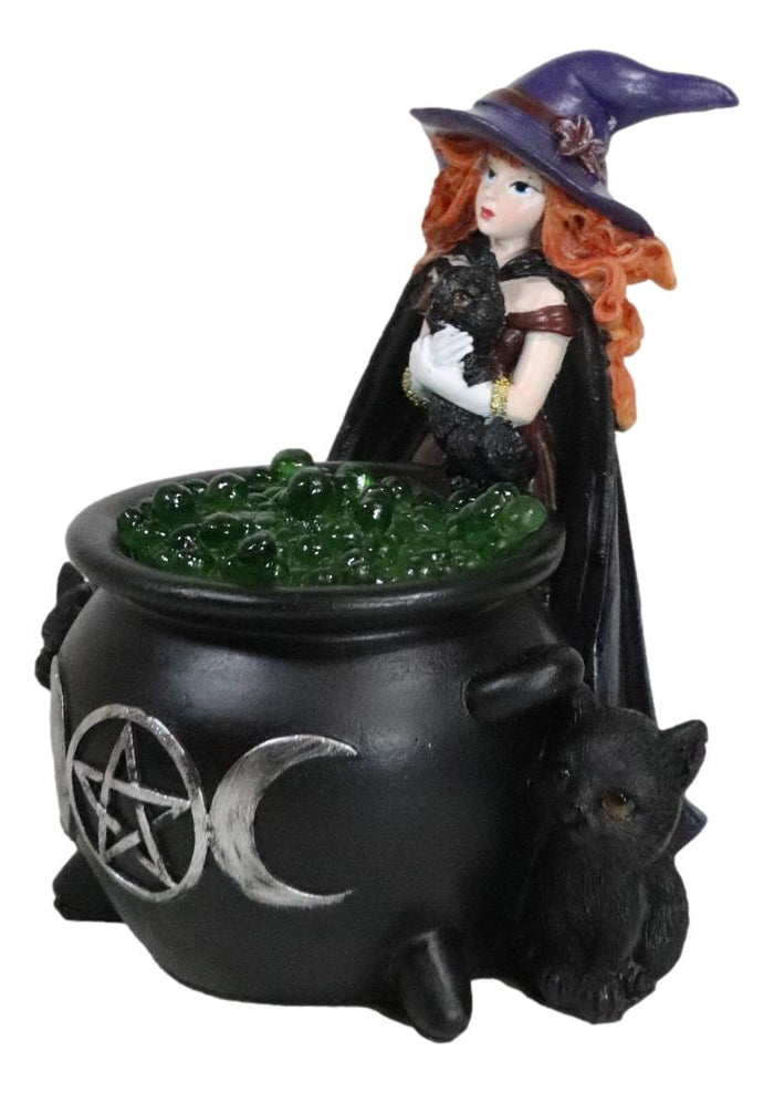 Wiccan Grand Witch Black Cat By LED Potion Bubbles Triple Moon Cauldron Figurine