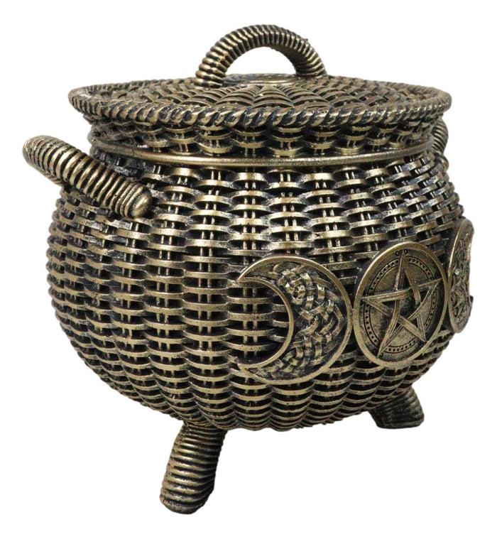 Wiccan Triple Moon Cauldron Pot In Wicker Finish Decorative Trinket Crystals Box