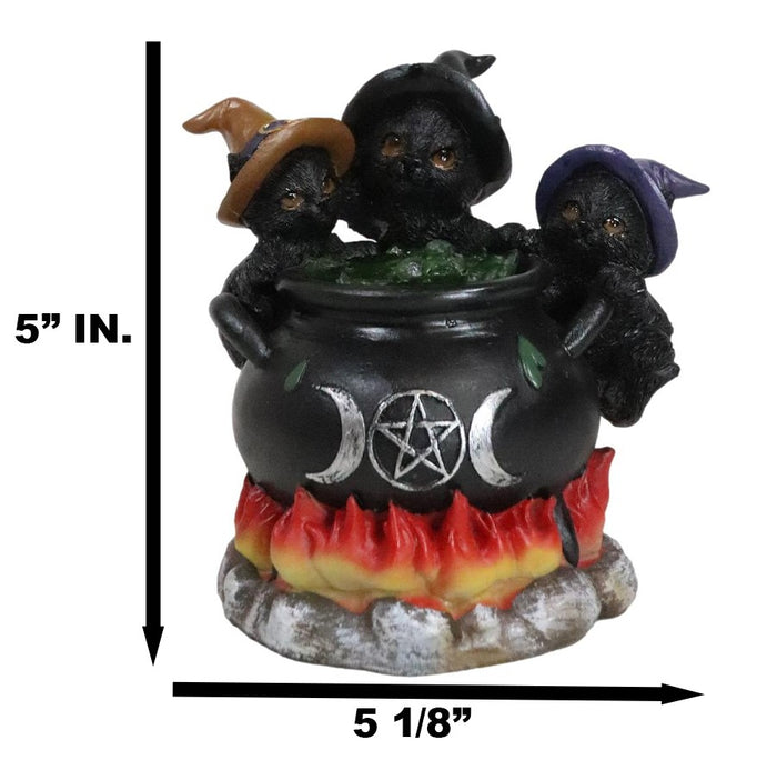 Wiccan Witch Hats Trio Kitten Cats Sitting In Triple Moon Fire Cauldron Figurine