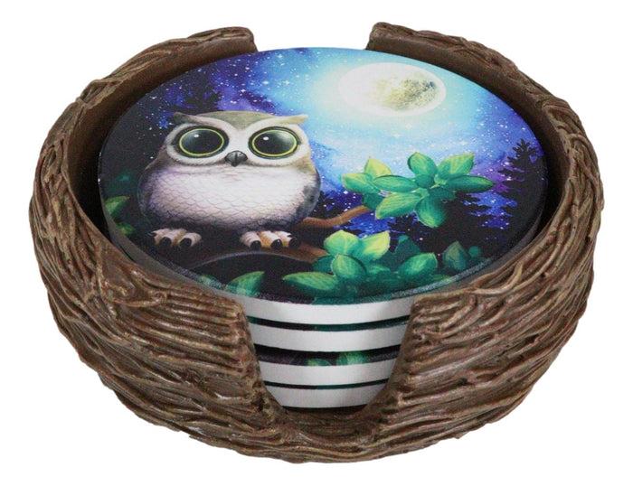 Wide Eyed Owl Perching On Tree Branch By Full Moon Starry Night Coaster Set