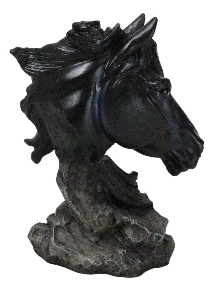 Wild And Free Black Stallion Equine Horse Bust On Rocky Pillar Base Figurine