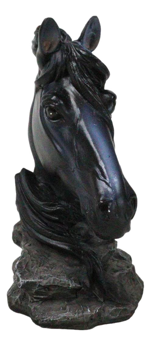 Wild And Free Black Stallion Equine Horse Bust On Rocky Pillar Base Figurine