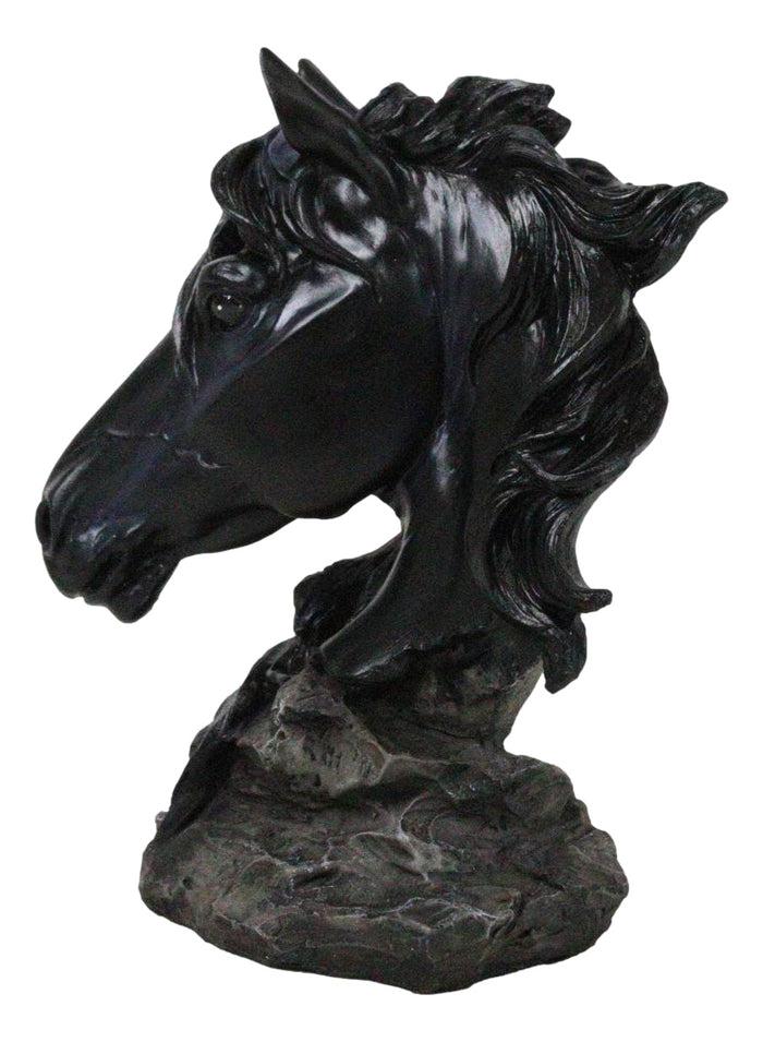 Wild And Free Black Stallion Equine Horse Bust On Rocky Pillar Base Figurine