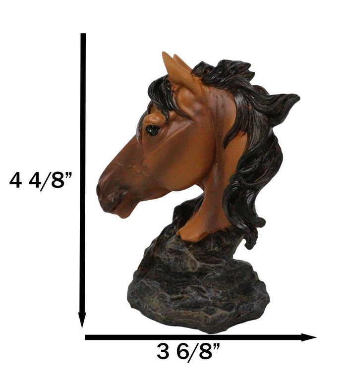 Wild And Free Brown Stallion Equine Horse Bust On Rocky Pillar Base Figurine