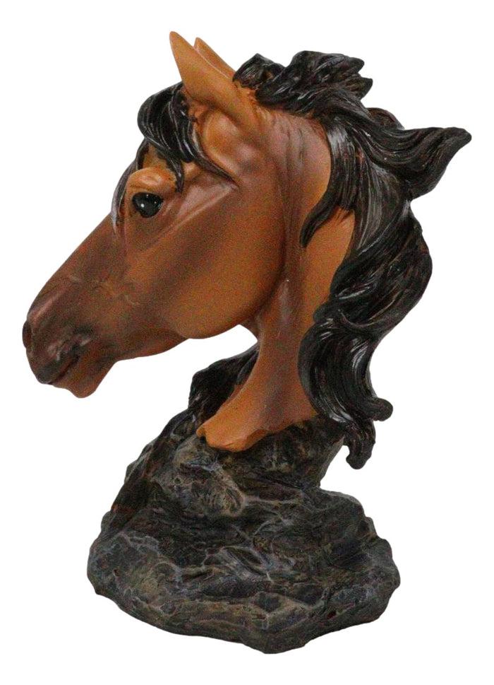 Wild And Free Brown Stallion Equine Horse Bust On Rocky Pillar Base Figurine