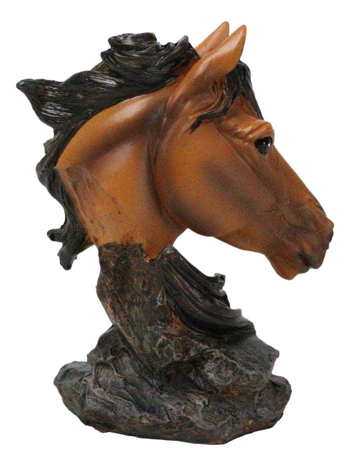 Wild And Free Brown Stallion Equine Horse Bust On Rocky Pillar Base Figurine