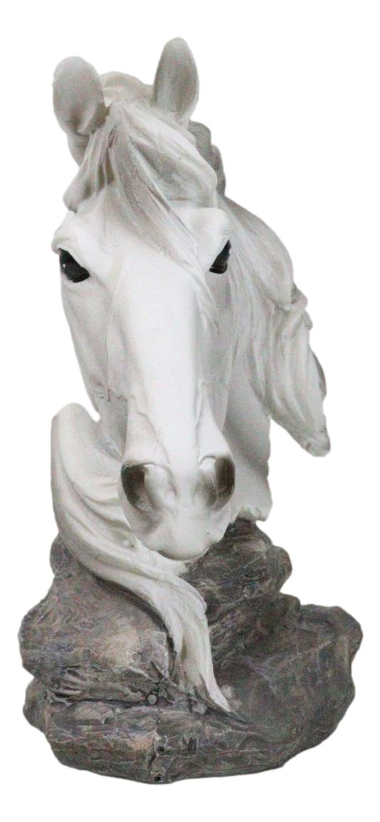 Wild And Free White Stallion Equine Horse Bust On Rocky Pillar Base Figurine