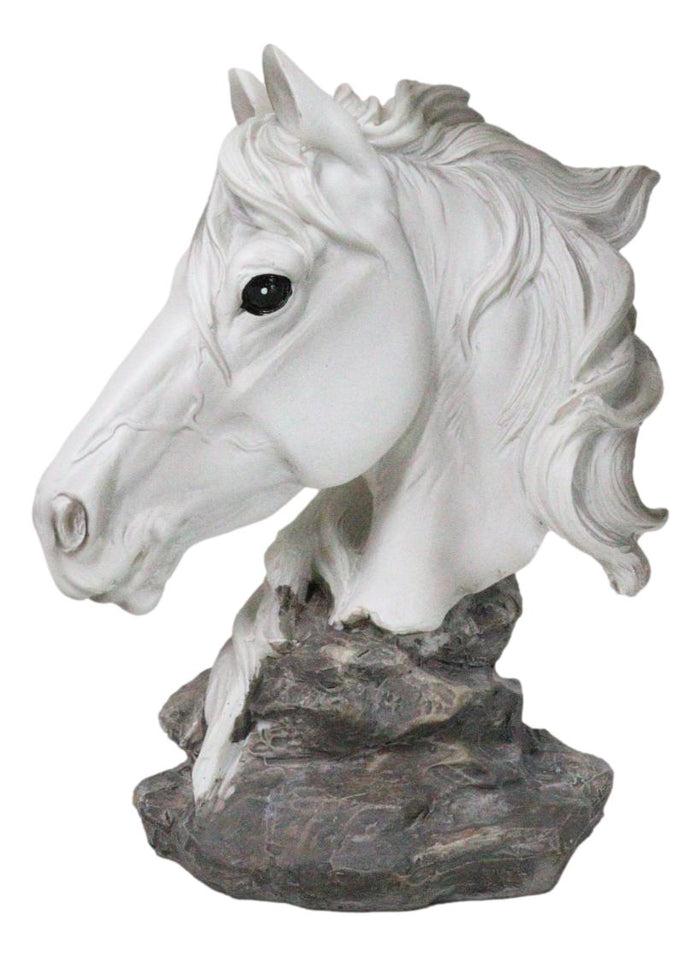 Wild And Free White Stallion Equine Horse Bust On Rocky Pillar Base Figurine
