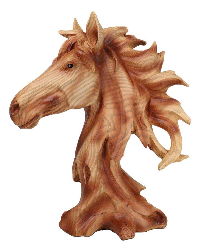 Wild Stallion Horse Bust In Faux Cedar Wood Finish Figurine 11"H Resin Decor