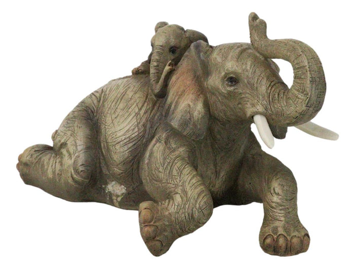 Wildlife Jungle Play Safari Savanna Elephant Father And Calf Resting Figurine