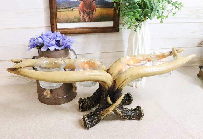 Wildlife Rustic Buck Deer Stag Entwined Antlers 4 Votives Candle Holder Figurine