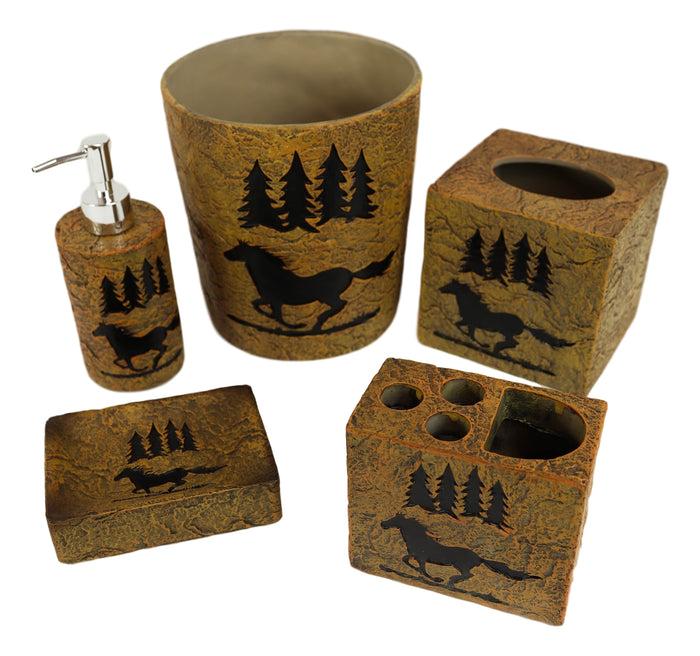 Wildlife Rustic Galloping Mustang Horse Pine Trees Forest 5 Piece Bathroom Set