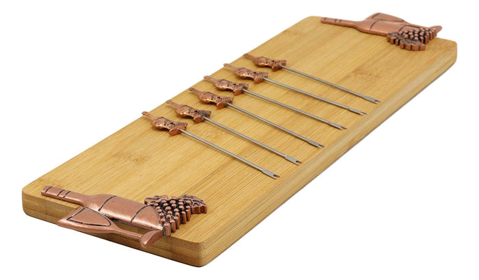 Wine And Grapes Bamboo Cheese Board 16" By 5" & 6 Stainless Steel Picks Gift Set