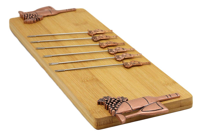 Wine And Grapes Bamboo Cheese Board 16" By 5" & 6 Stainless Steel Picks Gift Set
