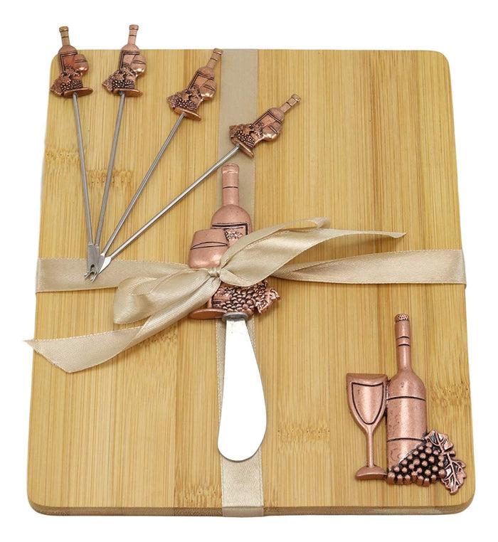 Wine And Grapes Bamboo Cheese Board Knife Wine Stopper Picks & Coasters Gift Set