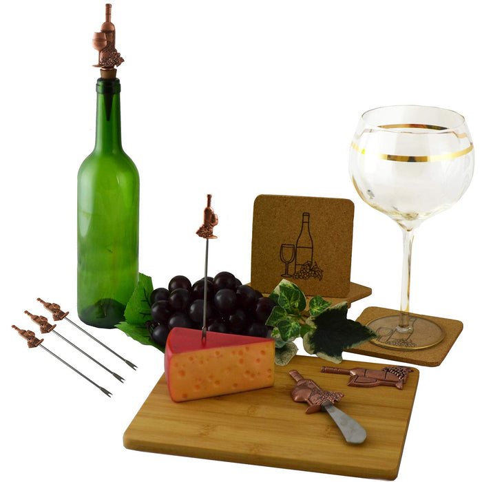 Wine And Grapes Bamboo Cheese Board Knife Wine Stopper Picks & Coasters Gift Set