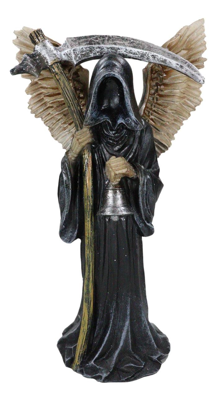 Winged Death Angel Grim Reaper With Scythe And Silver Toll Bell Figurine