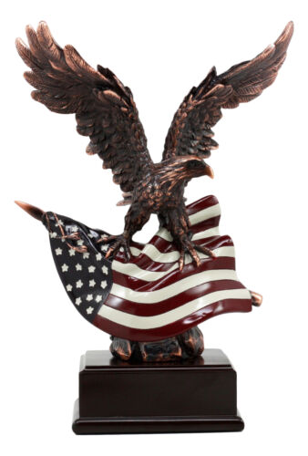 Wings Of Glory Bald Eagle Clutching On American Flag Statue Bronze Electroplated