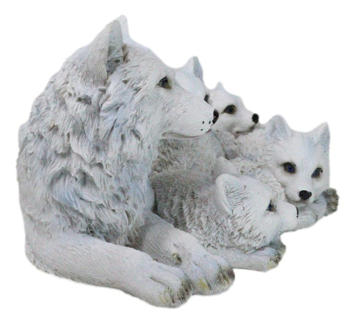 Winter Snow White Albino Wolf Mother At Repose With 4 Cubs Family Figurine