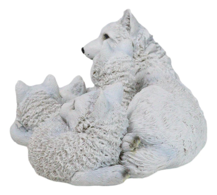 Winter Snow White Albino Wolf Mother At Repose With 4 Cubs Family Figurine