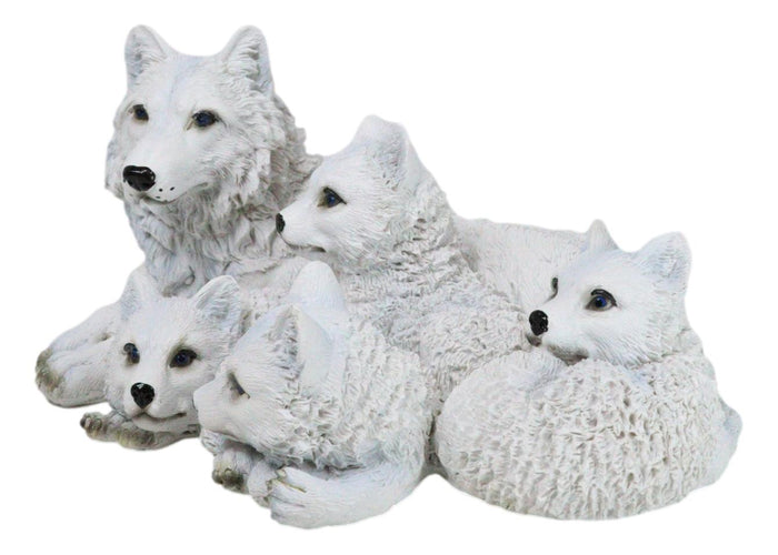Winter Snow White Albino Wolf Mother At Repose With 4 Cubs Family Figurine