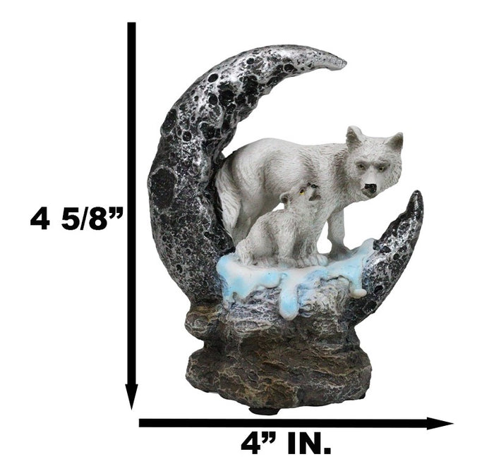 Winter Snow White Wolf With Pup Cub By Snowy Crater Crescent Moon Figurine