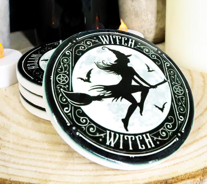 Witch Flying On Magic Broomstick Ceramic Coaster Set Of 4 Tiles With Cork Backs