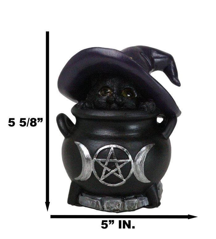 Witch Hat Feline Black Cat Hiding In Triple Moon Cauldron With LED Eyes Figurine