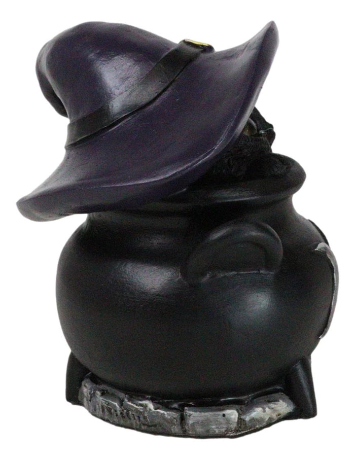 Witch Hat Feline Black Cat Hiding In Triple Moon Cauldron With LED Eyes Figurine
