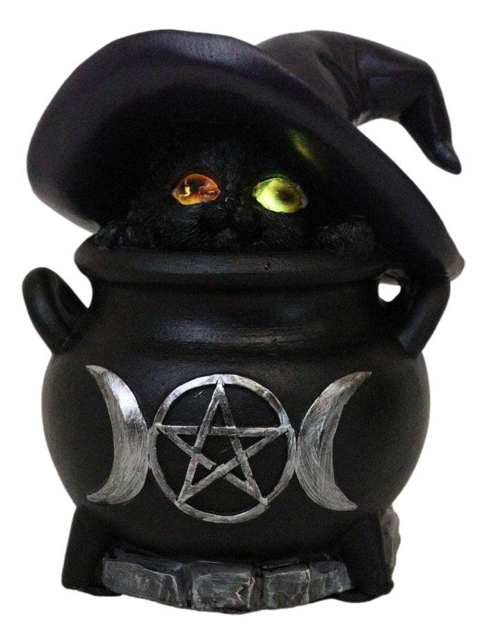 Witch Hat Feline Black Cat Hiding In Triple Moon Cauldron With LED Eyes Figurine
