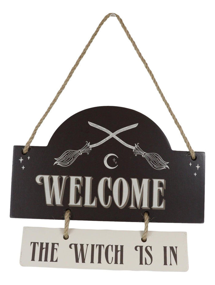 Witchcraft Welcome The Witch Is In Crossed Broomsticks Wooden Wall Sign Decor