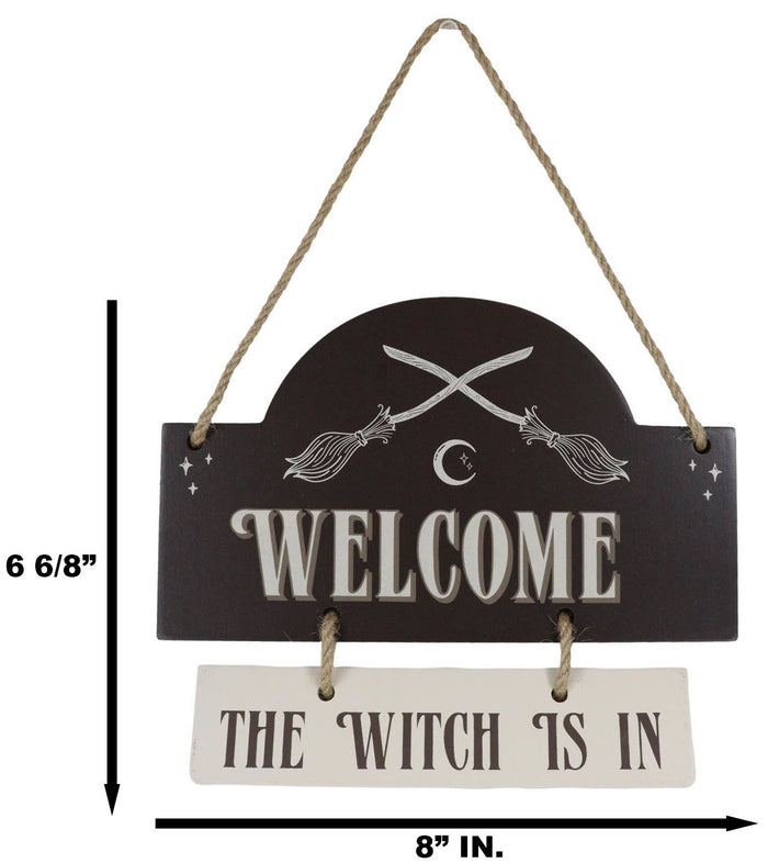 Witchcraft Welcome The Witch Is In Crossed Broomsticks Wooden Wall Sign Decor