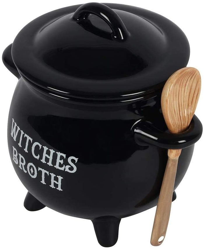 Witches Broth Cauldron Ceramic Bowl With Broom Spoon