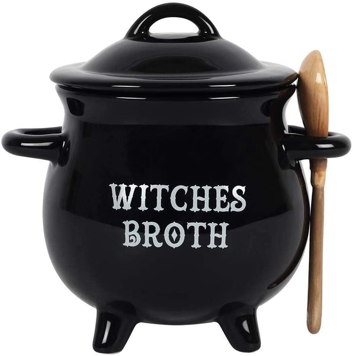 Witches Broth Cauldron Ceramic Bowl With Broom Spoon