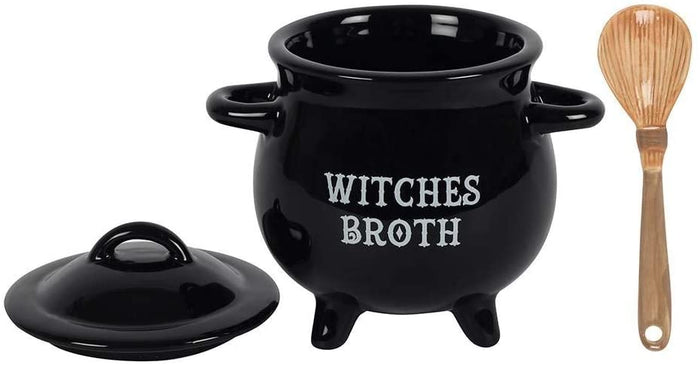 Witches Broth Cauldron Ceramic Bowl With Broom Spoon