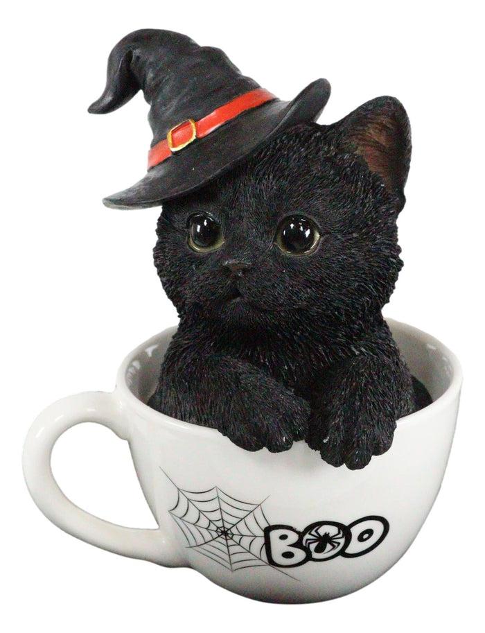 Witching Hour Halloween Black Cat With Witch Hat In Tea Cup Pet Pal Figurine