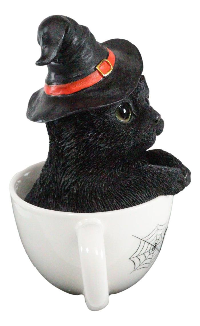 Witching Hour Halloween Black Cat With Witch Hat In Tea Cup Pet Pal Figurine