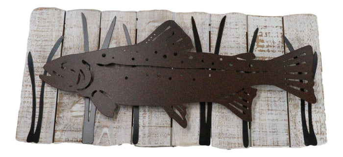 Wood Metal Nautical Marine Large Fish Swimming By Reeds Abstract Wall Art Plaque