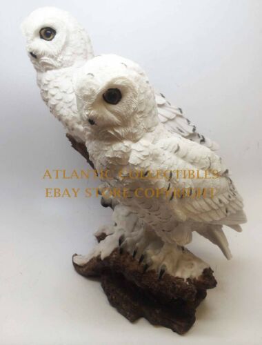 Woodlands Night Watch White Snow Owls Perching On Tree Branch Figurine Set Of 2