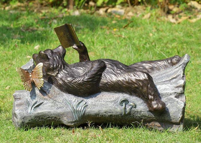 Aluminum Whimsical Butterfly And Bear Resting On Tree Trunk Reading Book Statue